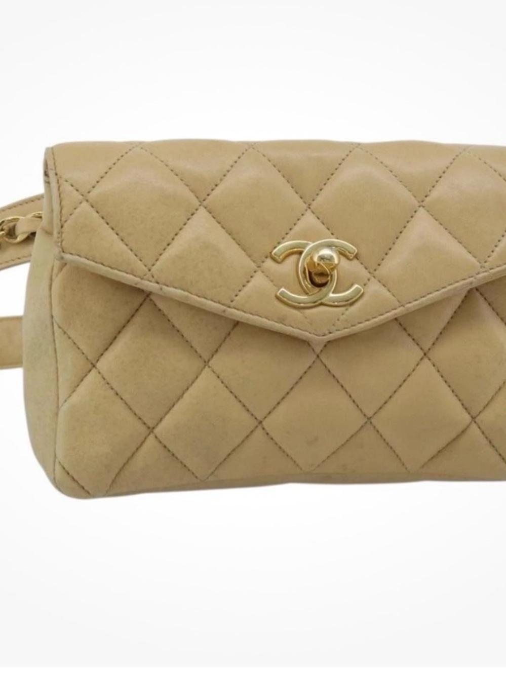 CHANEL Quilted Beige Lambskin Crossbody Belt Bag with Gold CC